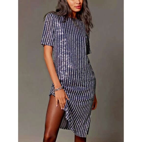 Anthropologie Flat White Short-Sleeve Sequin Stripe Midi Dress Navy S - Picture 2 of 11